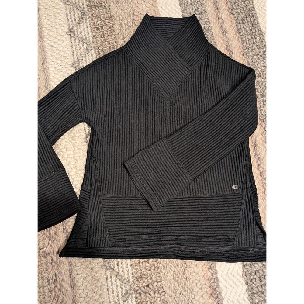 Tahari Sport Womens Black Ribbed Shawl Collar Pullover Top Small Long Sleeve